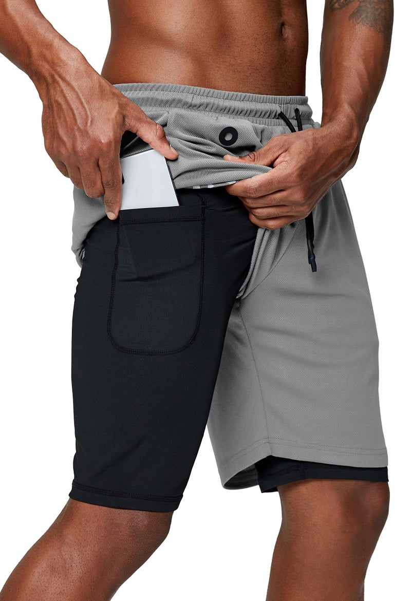 Pinkbomb Men's 2 in 1 Running Shorts Gym Workout Quick Dry Mens Shorts with Phone Pocket (Light Grey, Large - Image 1